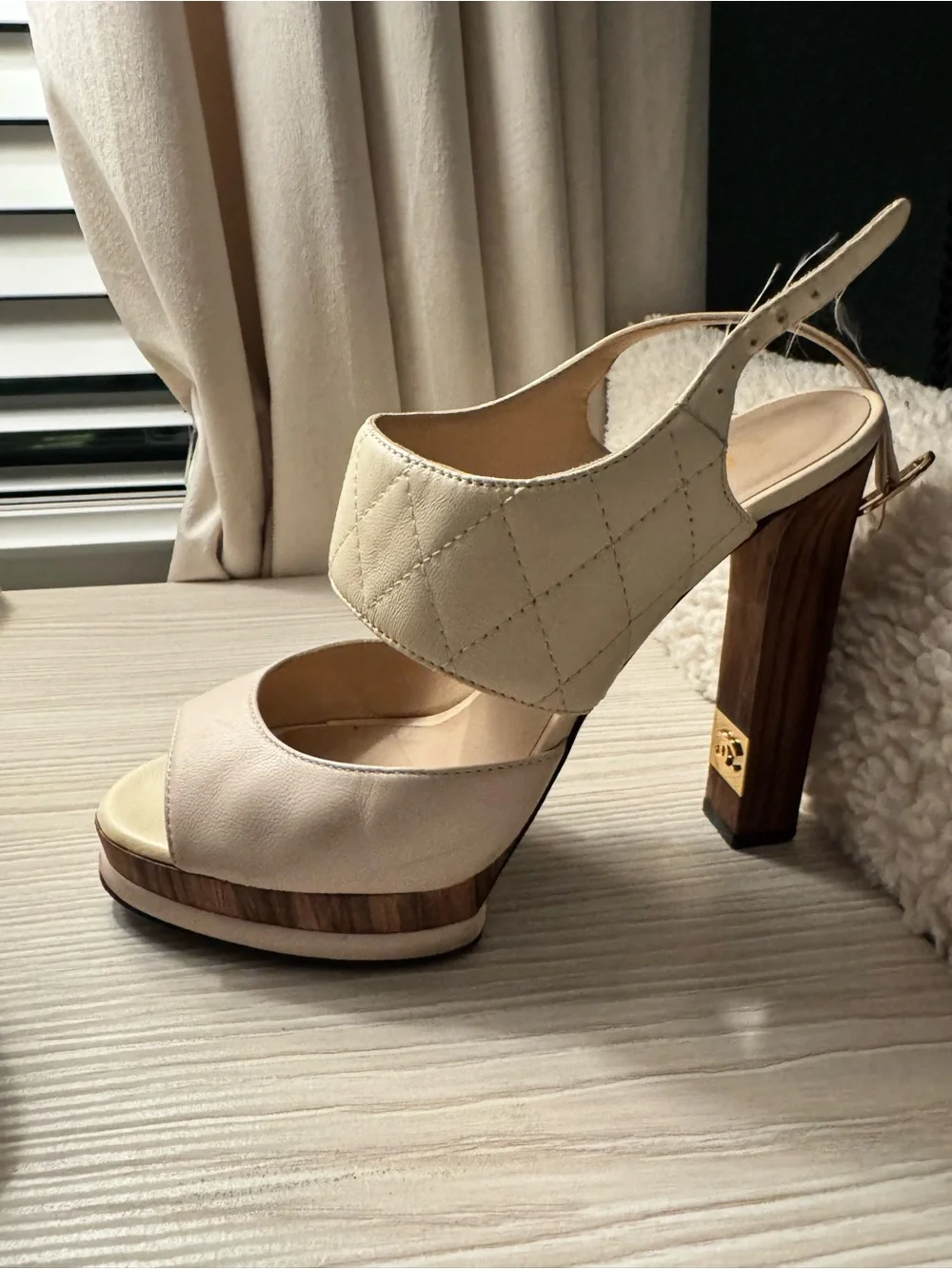 CHANEL Cream Platform Wood Block Slingback Heels CC LOGO